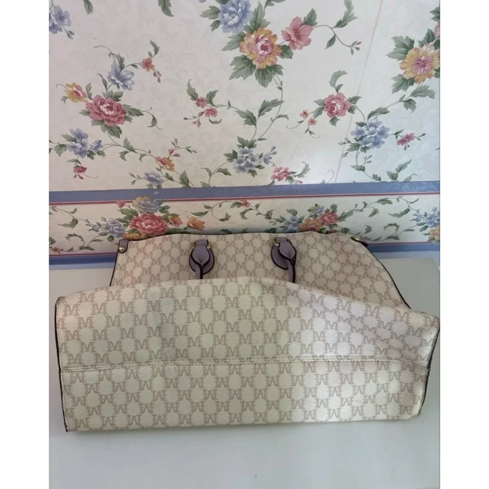 Mia K Farrow Collection Monogram Tote Bag Cream Lavender Purple Tan M Logo Large